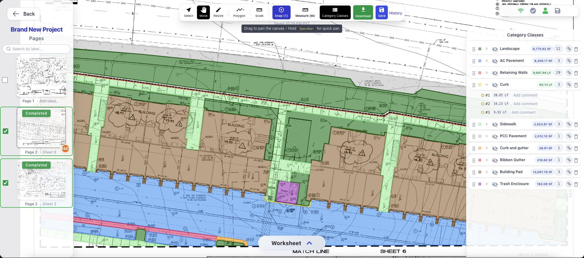 BidScreen Cloud takeoff workspace: a PDF plan in the browser with measurement tools and company construction classes