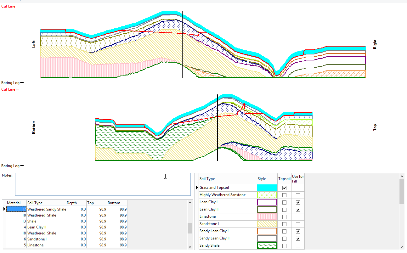 SiteWorx/OS Soil Analysis tab showing cross sections through the site, color-coded by soil type with a boring log on the side
